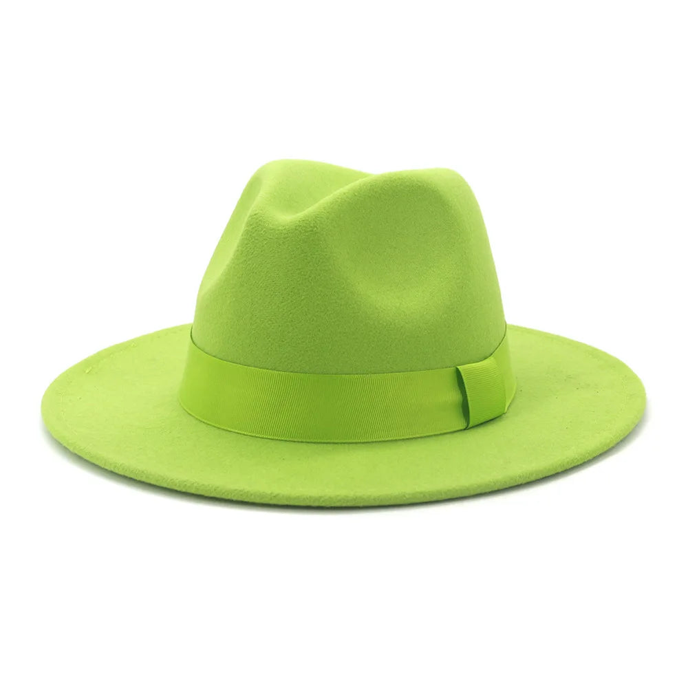 Limettengrüner Filz-Fedora – Breitkrempiger Trilby mit Hutband