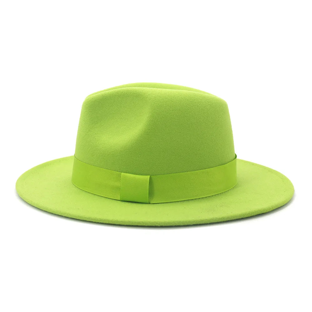 Limettengrüner Filz-Fedora – Breitkrempiger Trilby mit Hutband